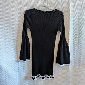 Denny Rose Black & White Ribbed Knit Dress Large Bell Sleeves Ruffle Hem Hearts